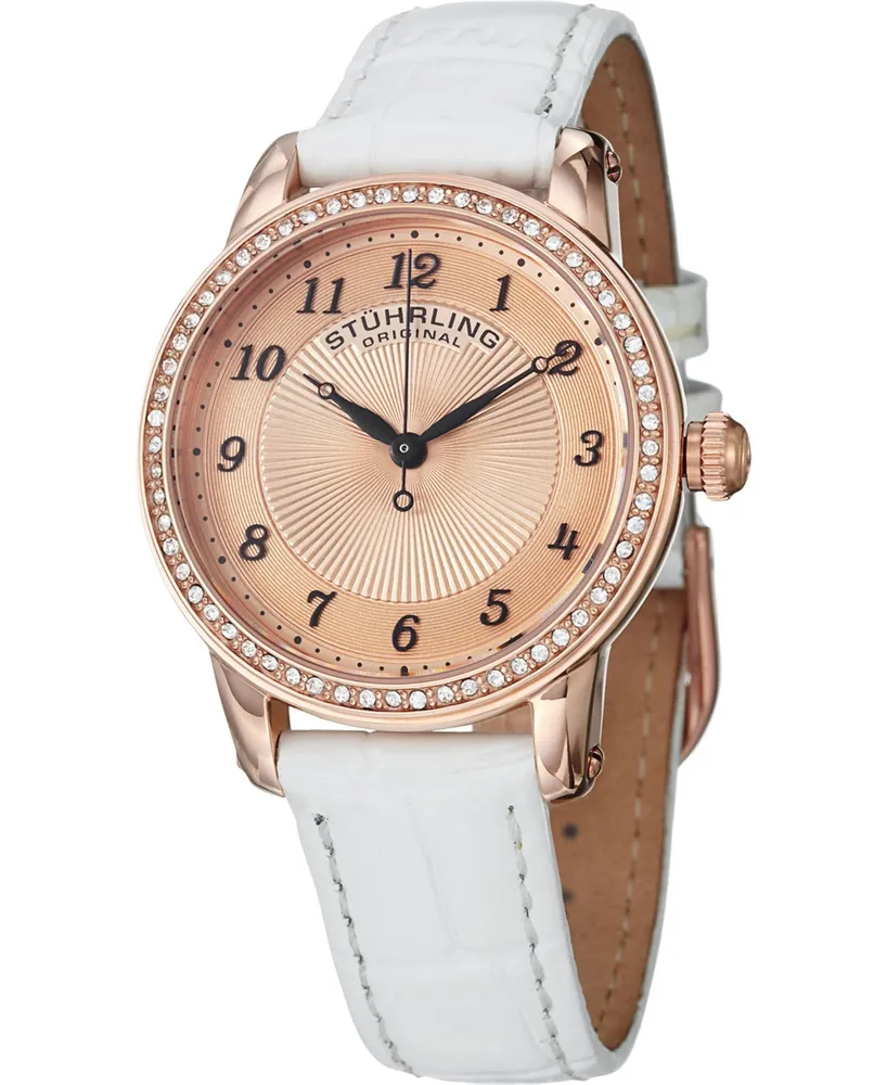 Stuhrling Original Classy Ladies Ultra Slim Quartz Watch, Rose Tone Case on White Alligator Embossed Genuine Leather Strap, Crystals on Rose Tone Beze