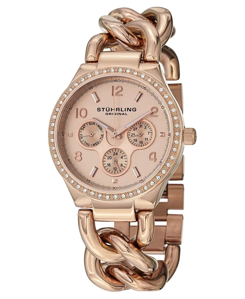 Stuhrling Original Stainless Steel Rose Tone Case on Chain Bracelet, Rose Tone Dial, Cubic Zirconia Crystal Studded Bezel, With Rose Tone and White Ac