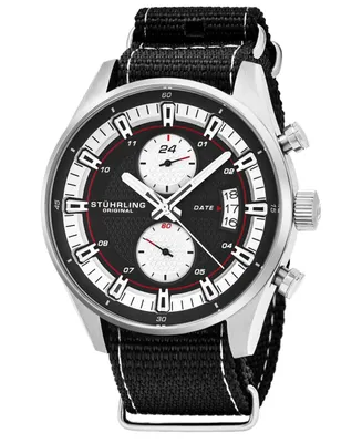 Stuhrling Original Men's Quartz, Silver Case, Dial; Black and Grey Stripped Nylon Strap Date Dual Time Watch