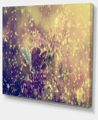 Designart Blue Butterfly And Purple Flowers Canvas Art Print - 40" X 30"