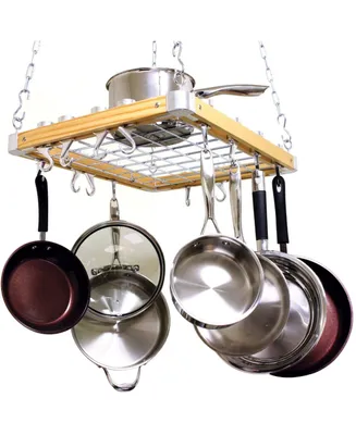 Cooks Standard Ceiling Mounted Wooden Pot Rack with Metal Grate, Movable Tracks Type Hanging Pot Rack with Solid Cast Aluminum Swivel and Fixed Hooks