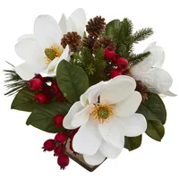 Nearly Natural 15" Magnolia, Pine and Berries Artificial Arrangement