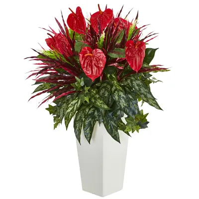 Nearly Natural Mixed Anthurium Artificial Plant in White Tower Vase