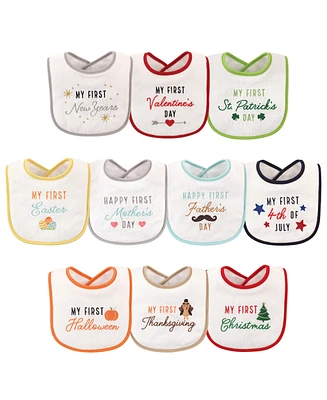 Hudson Baby Infant Cotton Terry Drooler Bibs with Fiber Filling 10pk, Neutral Pizza, One