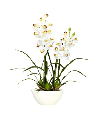 Nearly Natural Cymbidium w/White Vase Silk Flower Arrangement