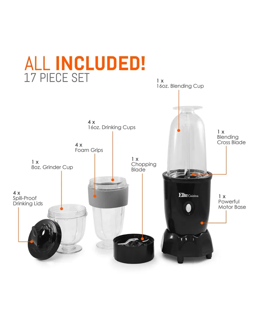 Elite Cuisine 17 Piece Personal Drink Blender with 4 x 16 Ounce Travel Cups