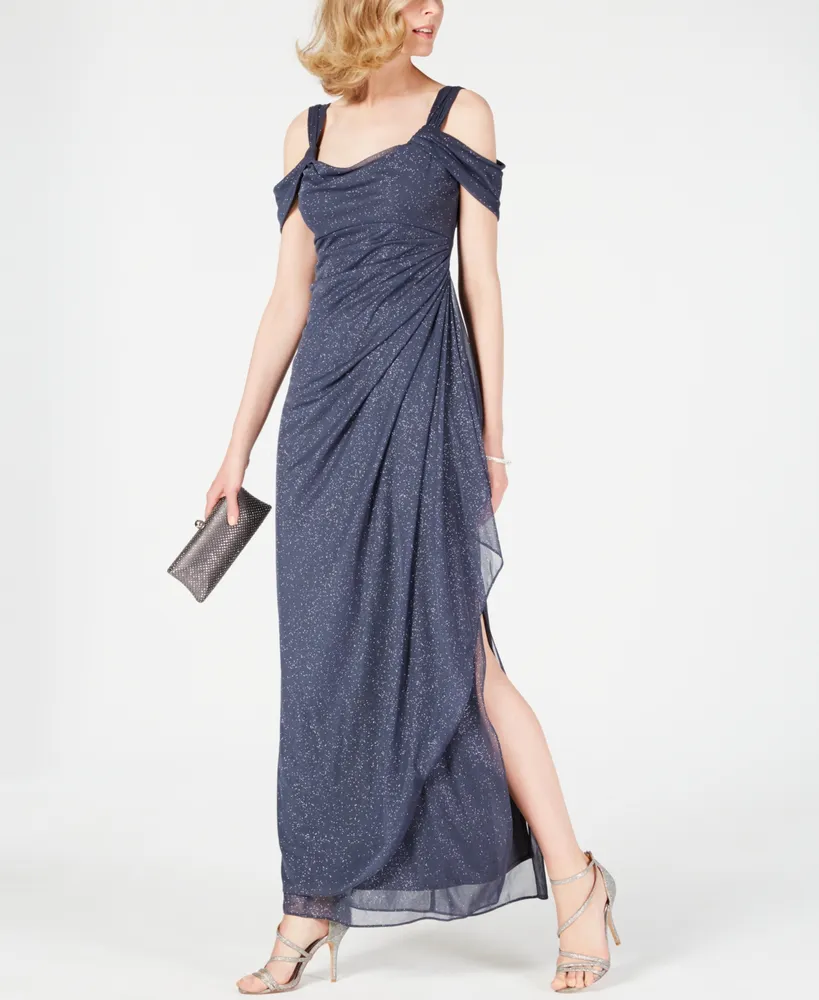 Alex Evenings Petite Cold-Shoulder Draped Metallic Gown