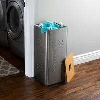 Household Essentials Square Metal Laundry Hamper with Wood Lid