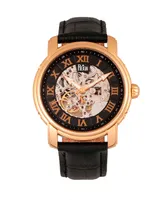 Reign Kahn Automatic Skeleton Rose Gold Case, Genuine Black Leather Watch 45mm