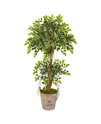 Nearly Natural 4.5' Variegated Ficus Artificial Tree in Farmhouse Planter