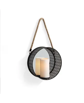 Danya B. Round Mirror Pillar Candle Sconce with Filigree Metal Frame