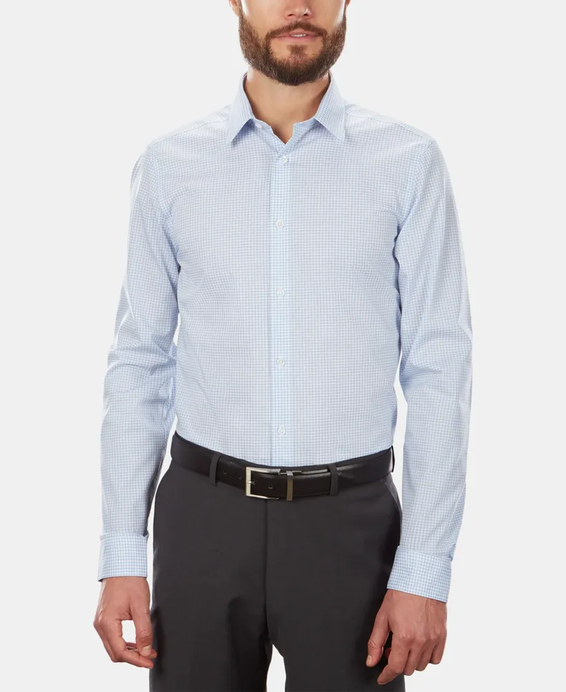 Men's Slim-Fit Non-Iron Performance Stretch Blue Check Dress Shirt