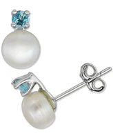 Cultured Freshwater Pearl (6mm-7mm) & Sapphire (1/2 ct. t.w.) 18" Pendant Necklace Stud Earrings Set Sterling Silver