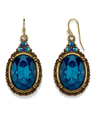 2028 Burnished Brass-Tone Indicolite Blue Color and Ab Accent Oval Drop Wire Earrings