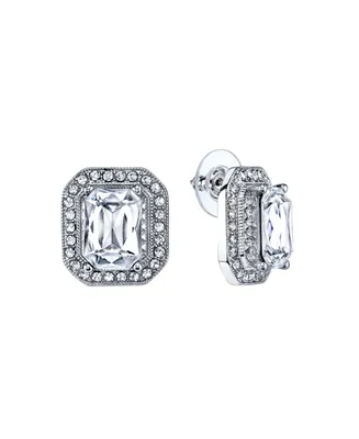 2028 Silver-Tone Crystal Octagon Button Earrings