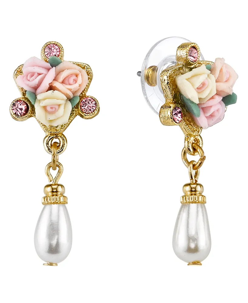 2028 Gold-Tone Crystal Ivory and Pink Porcelain Rose Simulated Pearl Drop Earrings