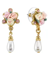 2028 Gold-Tone Crystal Ivory and Pink Porcelain Rose Simulated Pearl Drop Earrings
