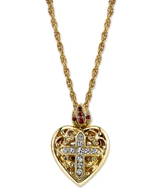 Symbols of Faith 14K Gold-Dipped Crystal Heart Cross Locket Necklace 18"