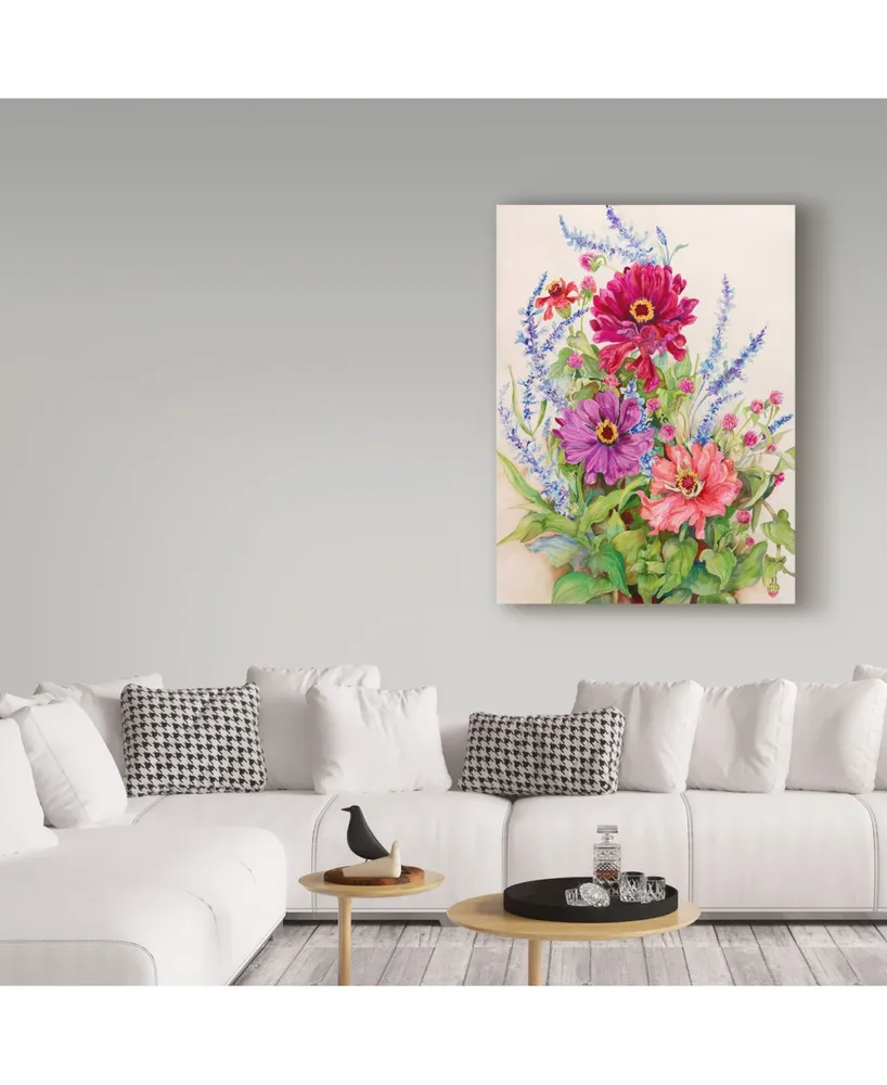 Joanne Porter 'Zinnias And Blue Salvias' Canvas Art - 35" x 47"