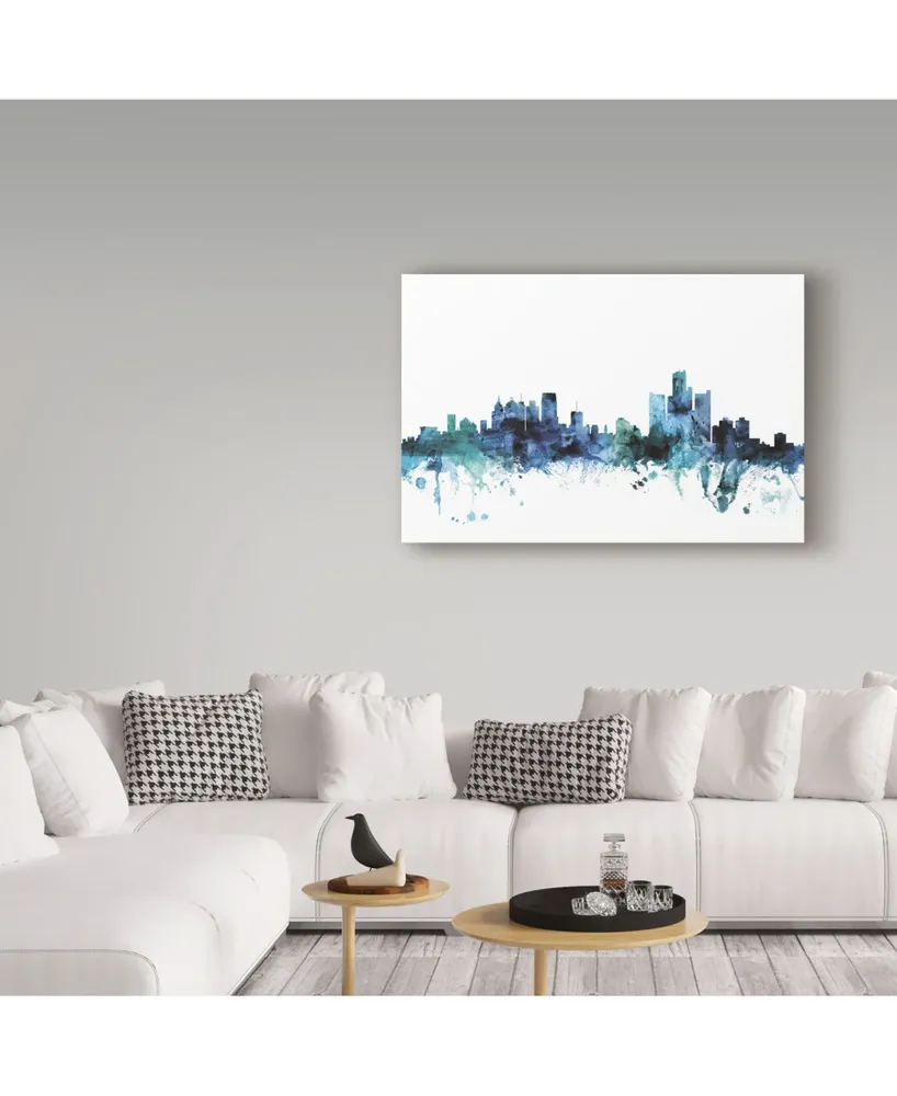 Michael Tompsett 'Detroit Michigan Blue Teal Skyline' Canvas Art - 32" x 22"