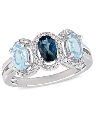Blue Topaz (1-3/5 ct.t.w.) and Diamond (1/5 3-Stone Halo Ring Sterling Silver