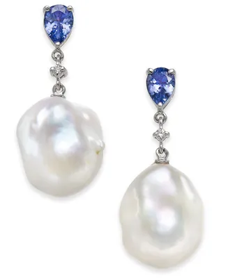Tanzanite (1-3/8 ct. t.w.), White Cultured Baroque Freshwater Pearl (13mm) & Diamond Accent Drop Earrings in 14k White Gold