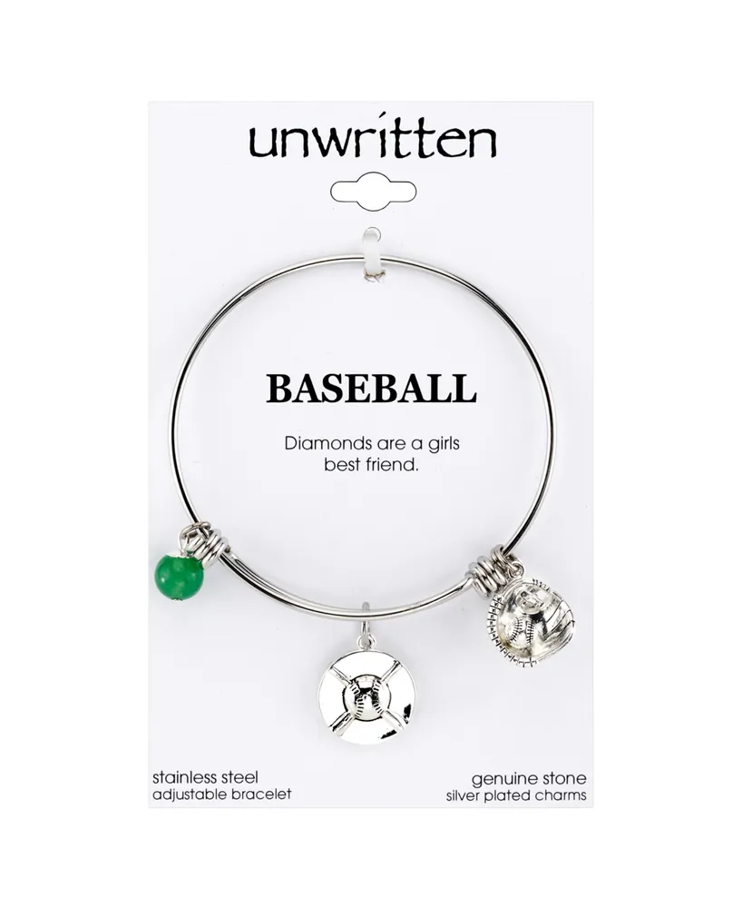 Unwritten Baseball Charm and Green Aventurine (8mm) Bangle Bracelet in Stainless Steel Silver Plated Charms