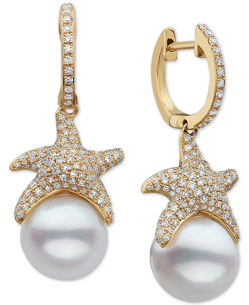 Effy Cultured Freshwater Pearl (9-1/2mm) & Diamond (3/4 ct. t.w.) Starfish Drop Earrings in 14k Gold