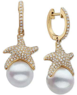 Effy Cultured Freshwater Pearl (9-1/2mm) & Diamond (3/4 ct. t.w.) Starfish Drop Earrings in 14k Gold