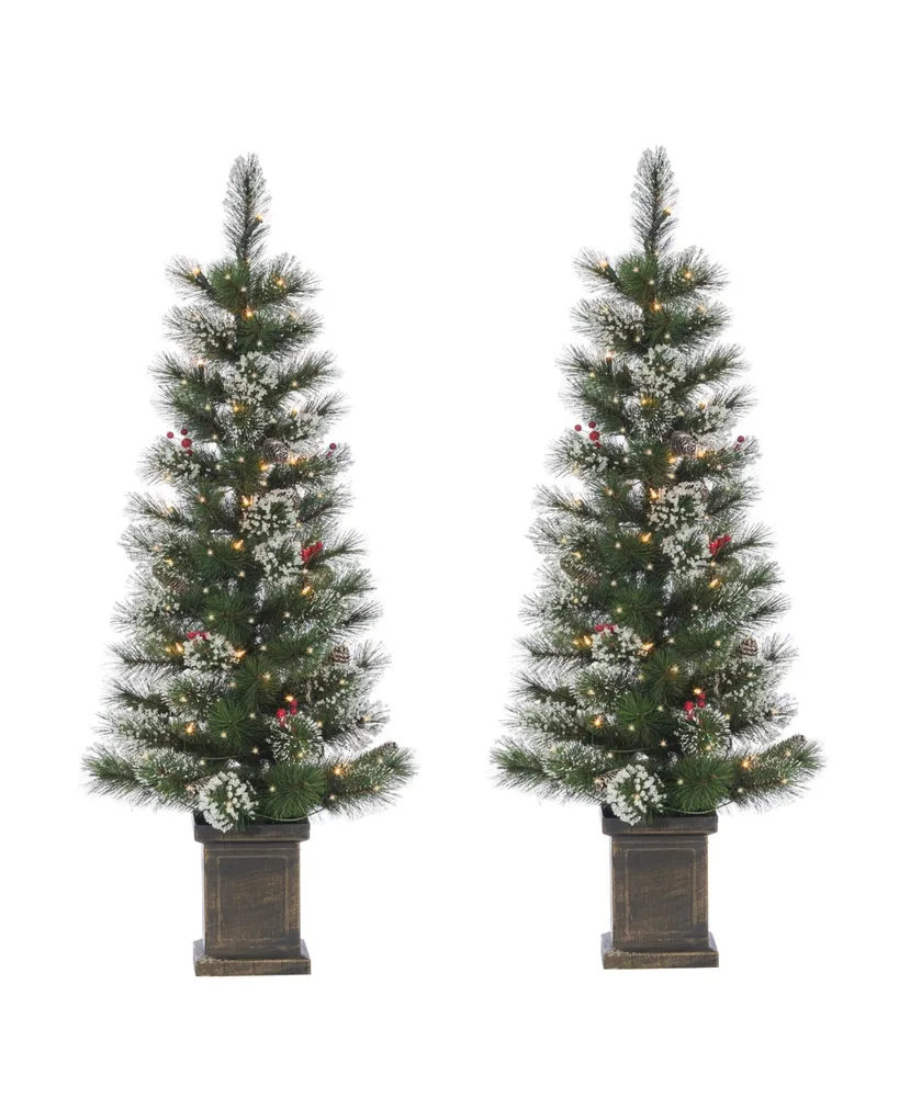 Sterling 4Ft Potted Hard Mixed Needle Loveland Spruce with Iced Tips, Pine Cones, Red Berries and 50 Clear White Lights - Set of 2