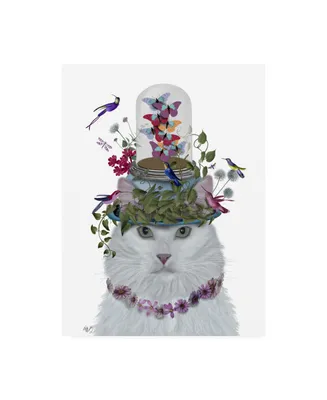 Fab Funky Cat, White with Butterfly Bell Jar Canvas Art - 15.5" x 21"