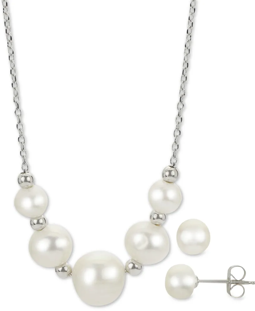 2-Pc. Cultured Freshwater Pearl 18" Collar Necklace & Stud Earrings Set in Sterling Silver