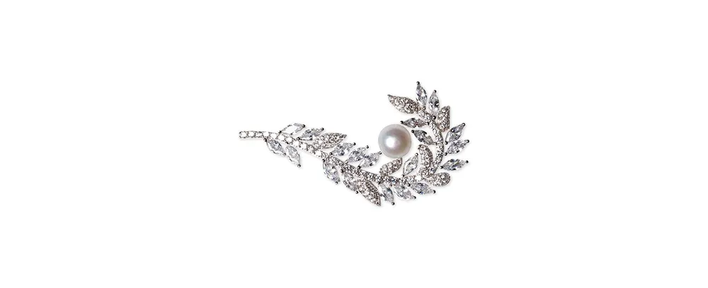 Cultured Freshwater Pearl (7mm) & Cubic Zirconia Feather Pin in Sterling Silver