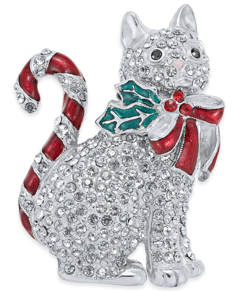 Holiday Lane Silver-Tone Pave Candy Cat Pin, Created for Macy's