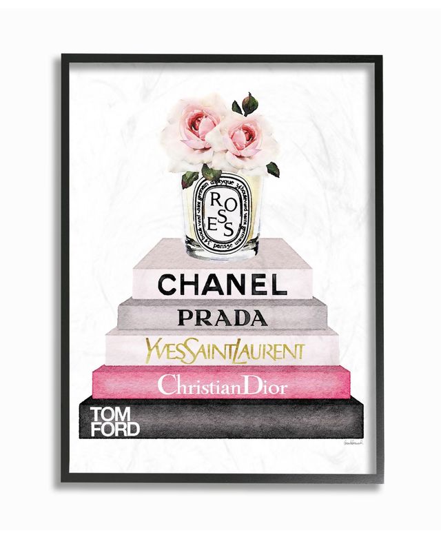 Stupell Industries Book Stack Fashion Candle Pink Rose Framed Giclee Art