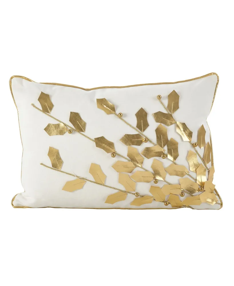 Saro Lifestyle Metallic Poinsettia Branch Design Holiday Cotton Polyester Filled Throw Pillow, 12" x 18"