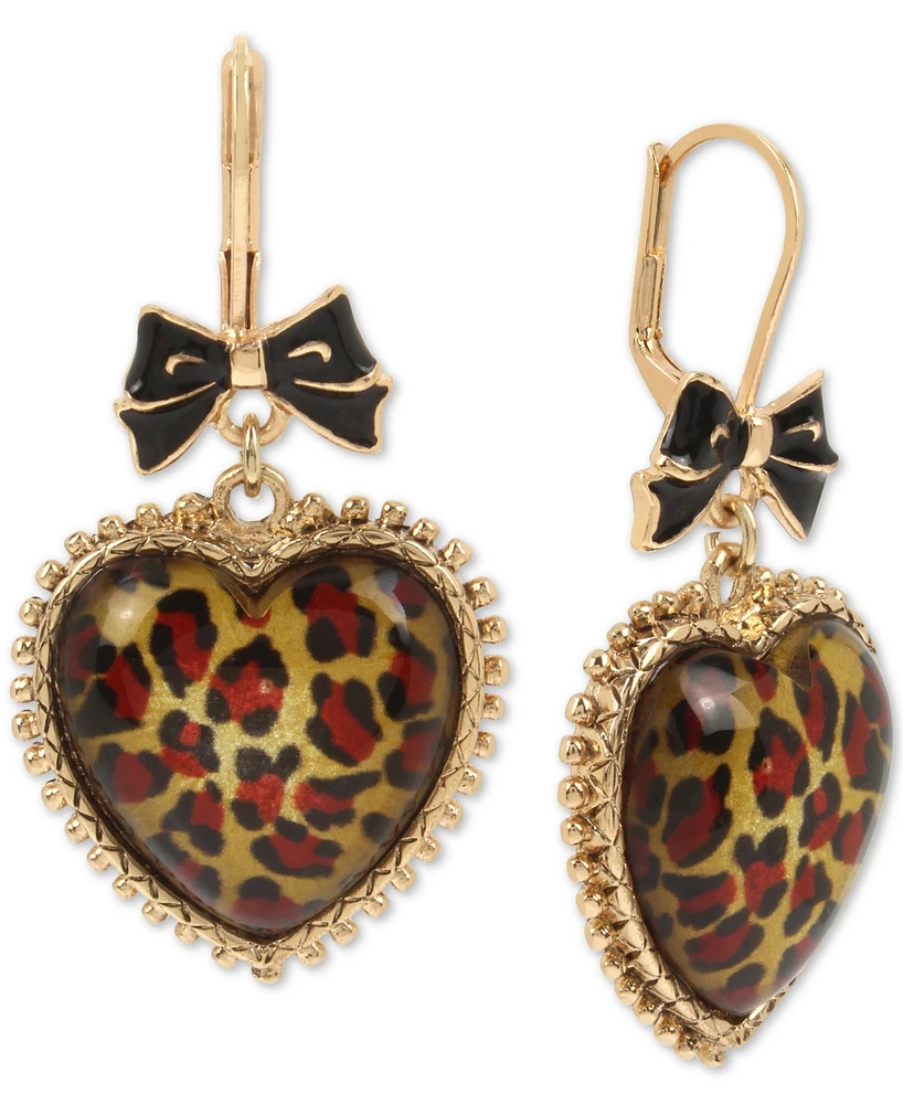 Betsey Johnson Gold-Tone Leopard Animal-Print Heart Drop Earrings