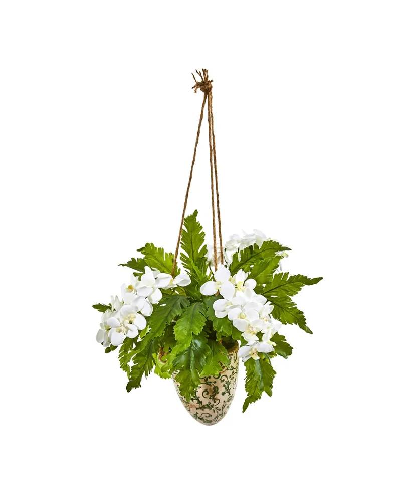 Nearly Natural 26" Phalaenopsis Orchid and Fern Artificial Plant in Hanging Vase