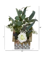 Nearly Natural 16" Rose and Eucalyptus Artificial Arrangement in Hanging Floral Design House Planter