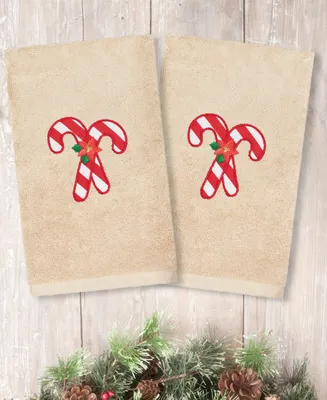 Linum Home Christmas Candy Canes Embroidered 100% Turkish Cotton 2-Pc. Hand Towel Set