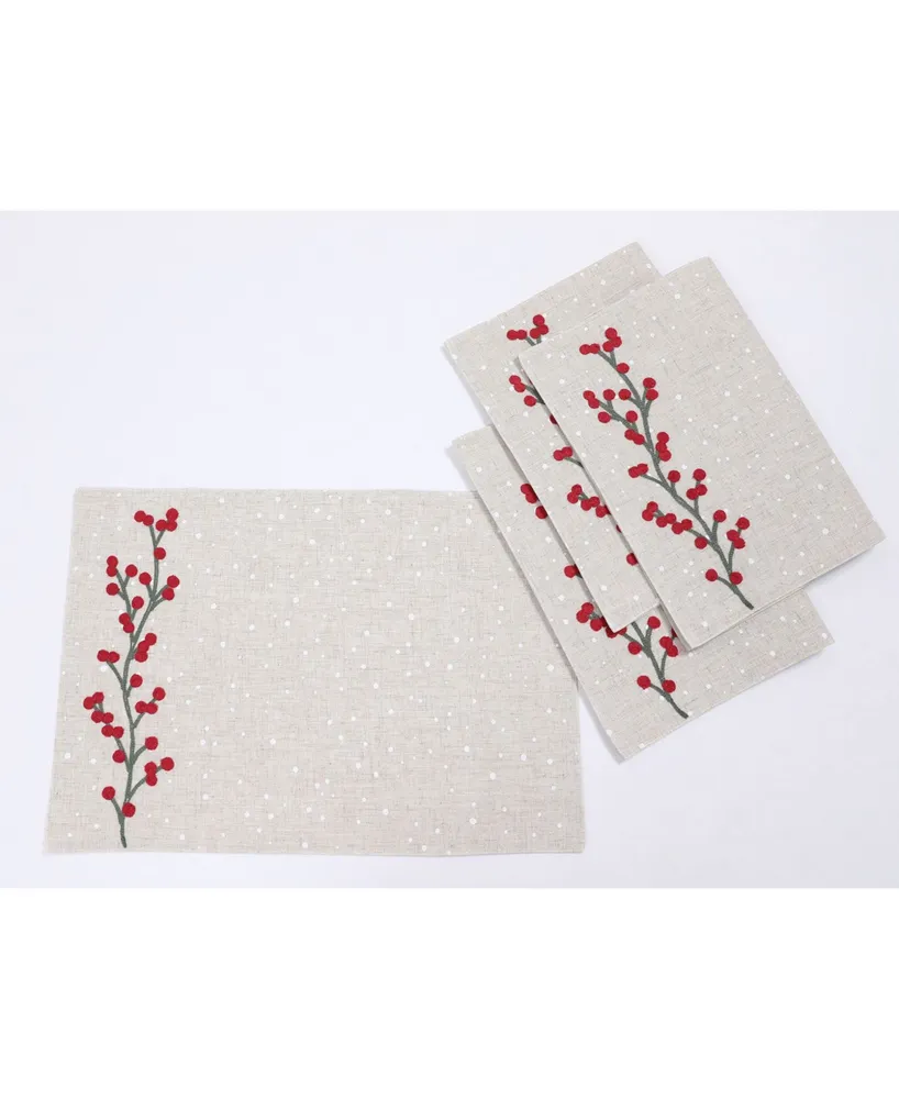 Manor Luxe Holly Berry Branch Crewel Embroidered Christmas Placemats