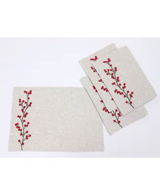 Manor Luxe Holly Berry Branch Crewel Embroidered Christmas Placemats
