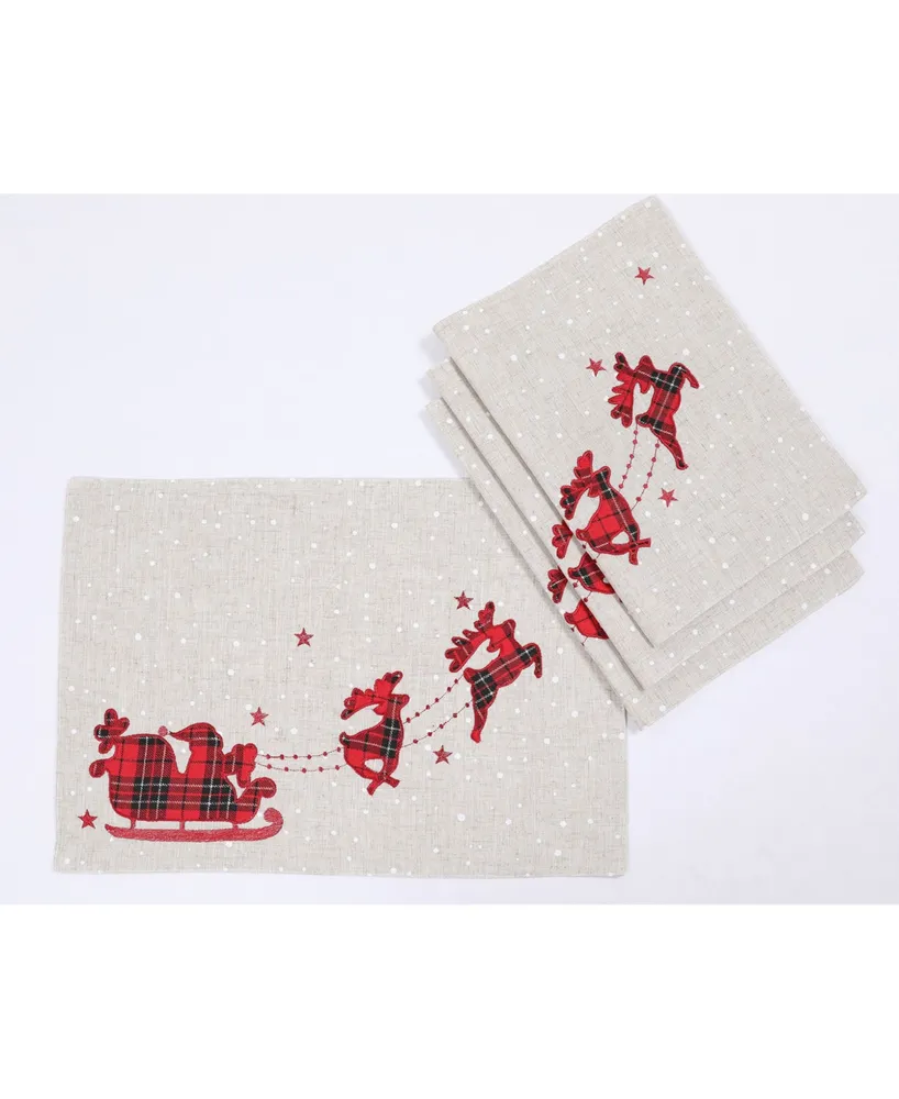 Manor Luxe Applique Tartan Santa Sleigh with Reindeers Christmas Placemats 14" x 20", Set of 4