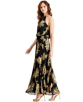 Msk Petite Pleated Gold-Print Gown