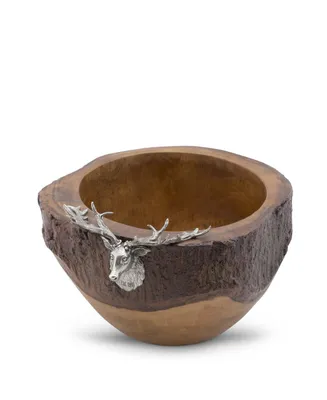 Vagabond House Elk, Deer Head Rustic Wood Salad Bowl with Natural Bark Edge