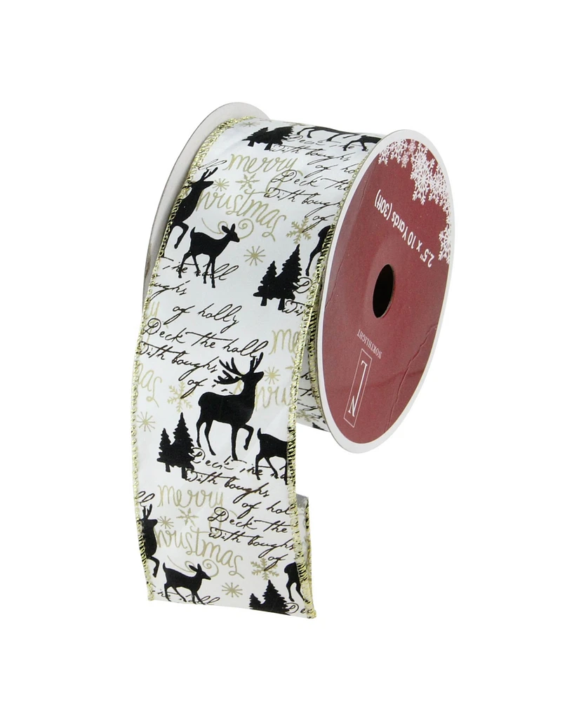 Northlight Pack of 12 White and Black Playful Reindeer Wired Christmas Craft Ribbon Spools - 2.5" x 120 Yards Total