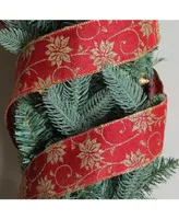 Northlight Cranberry Red and Gold Poinsettia Burlap Wired Christmas Craft Ribbon 2.5" x 10 Yards