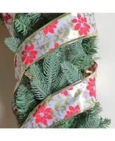 Northlight Red Poinsettia Print Gold Wired Christmas Craft Ribbon 2.5" x 10 Yards