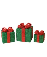 Northlight Set of 3 Lighted Sparkling Green Sisal Gift Boxes Christmas Outdoor Decorations