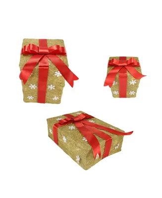 Northlight Set of 3 Gold Snowflake Sisal Gift Boxes Lighted Christmas Outdoor Decorations